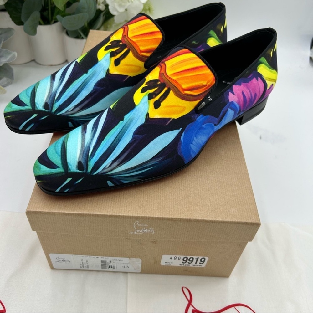 Men’s Christian Louboutin dandy check satin loafers multicolor floral size 43 - Picture 5 of 9